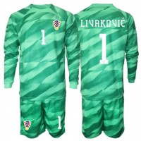 Stroje piłkarskie Chorwacja Dominik Livakovic #1 Bramkarskie Koszulka Wyjazdowej dla dzieci MŚ 2026 Długi Rękaw (+ szorty)